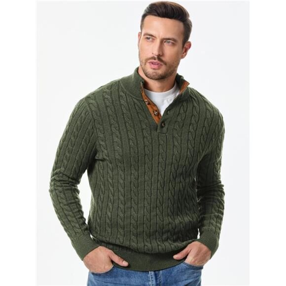 NEW Men's Cable Knit Pullover Sweater Casual Long Sleeve Stand Collar - Picture 3 of 6